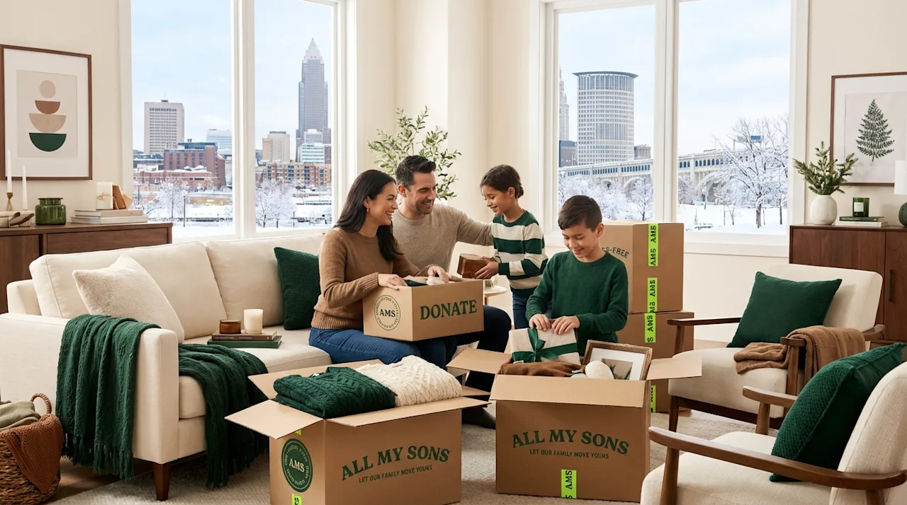 Family packing holiday donations into All My Sons moving boxes in a cozy living room overlooking a snowy Cleveland skyline.