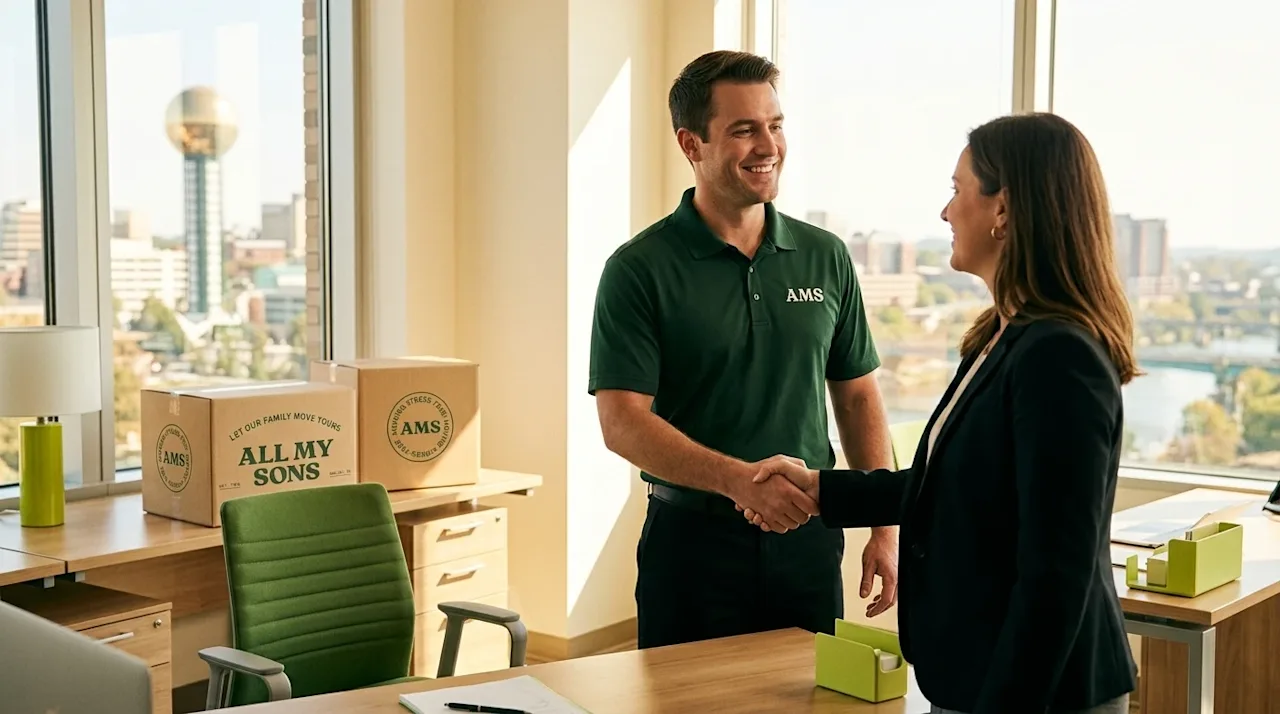 Professional marketing lifestyle photography of a successful corporate office move. A friendly moving professional wearing a