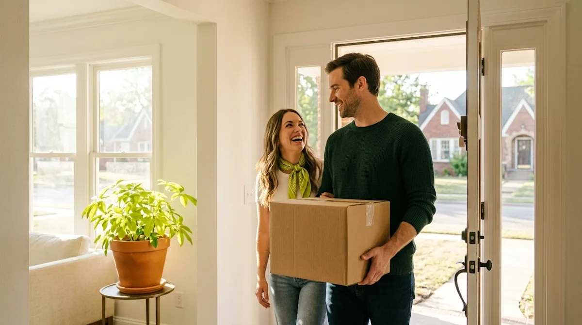Professional marketing photography of a happy couple arriving at their bright, sunny new home in an inviting Oklahoma City ne