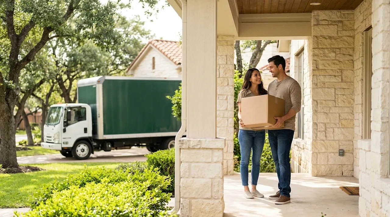 Clear, professional lifestyle marketing photography. A happy, relaxed couple standing on the welcoming, sunny front porch of