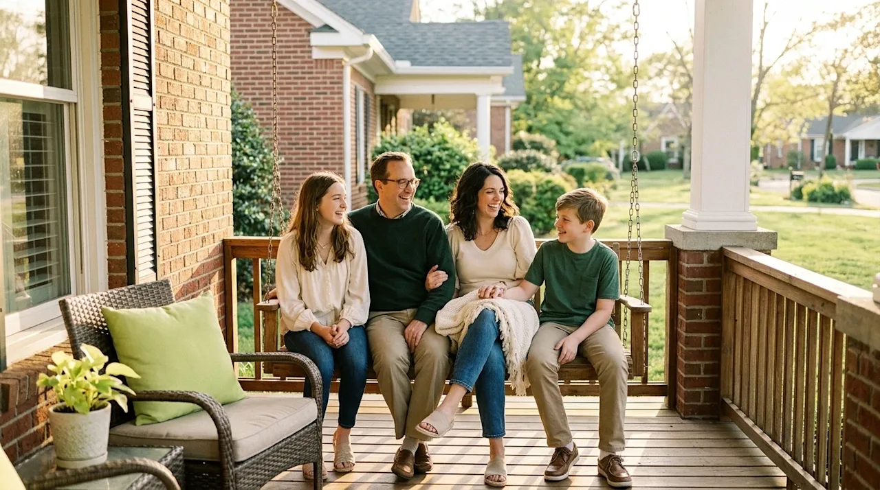 Clear and professional marketing photography of a happy, relaxed family sitting together on the welcoming front porch of a cl