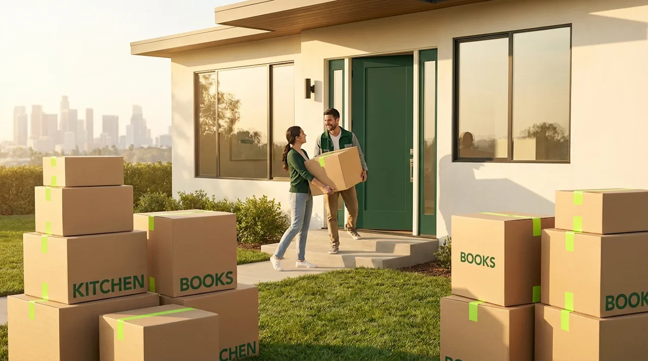 Couple moving into a modern suburban home with a green door, stacks of boxes on the lawn, and a city skyline in the background