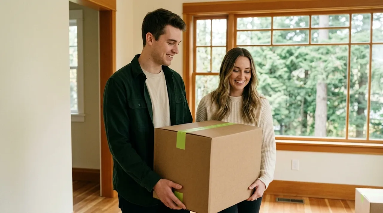 Professional marketing lifestyle photography of a happy millennial couple moving into a charming Portland craftsman home. The
