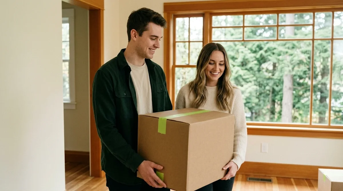 Professional marketing lifestyle photography of a happy millennial couple moving into a charming Portland craftsman home. The