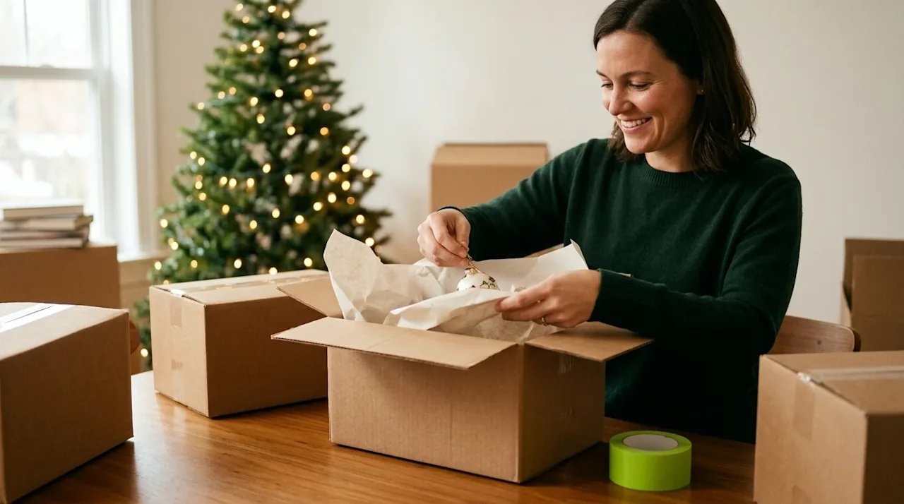 Professional marketing photography, a cozy and warm living room scene showing a couple moving out during the holiday season.
