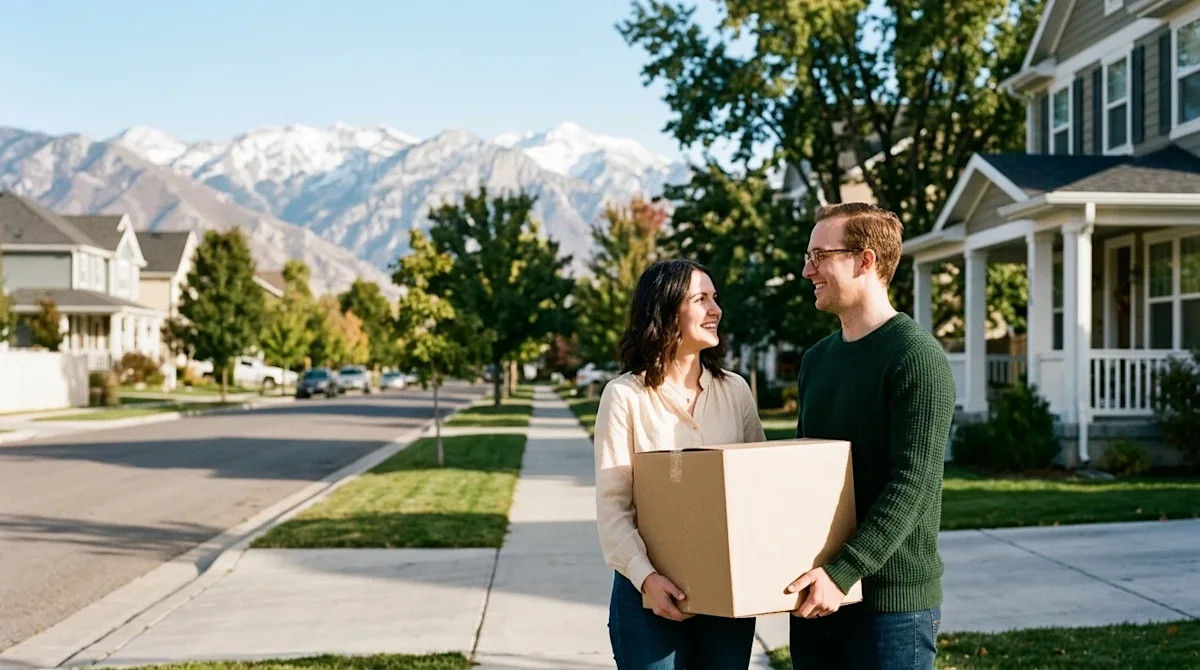 A warm, inviting lifestyle photograph of a picturesque suburban neighborhood in Salt Lake City, Utah, featuring a majestic vi