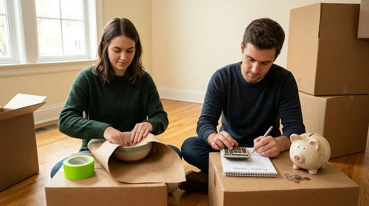 A high-quality lifestyle photograph illustrating how to save money during a home move. A young couple is sitting on the woode
