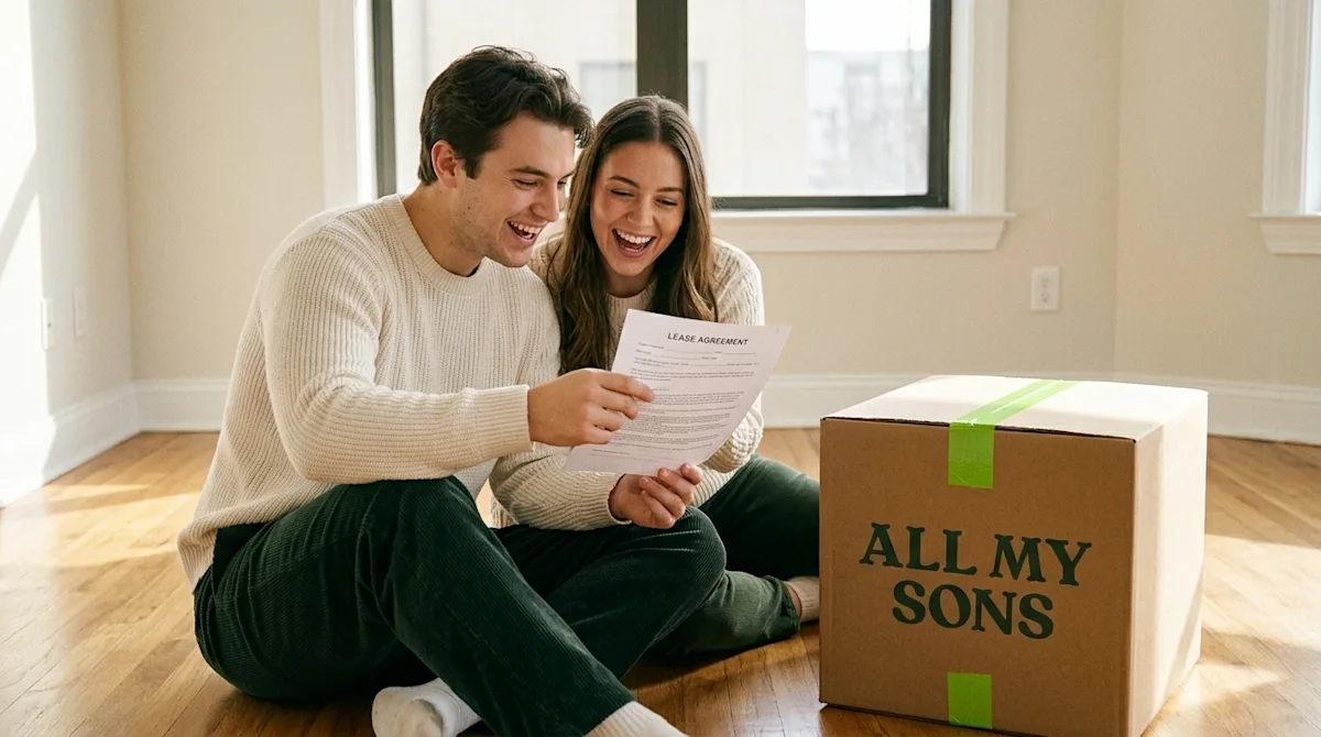 Clear professional marketing photography of a happy young couple sitting on the wooden floor of a sunlit, empty apartment, ex
