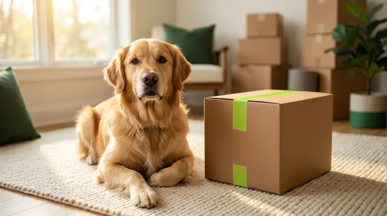 Professional marketing photography of a calm, happy golden retriever sitting comfortably on a cream-colored rug in a bright,