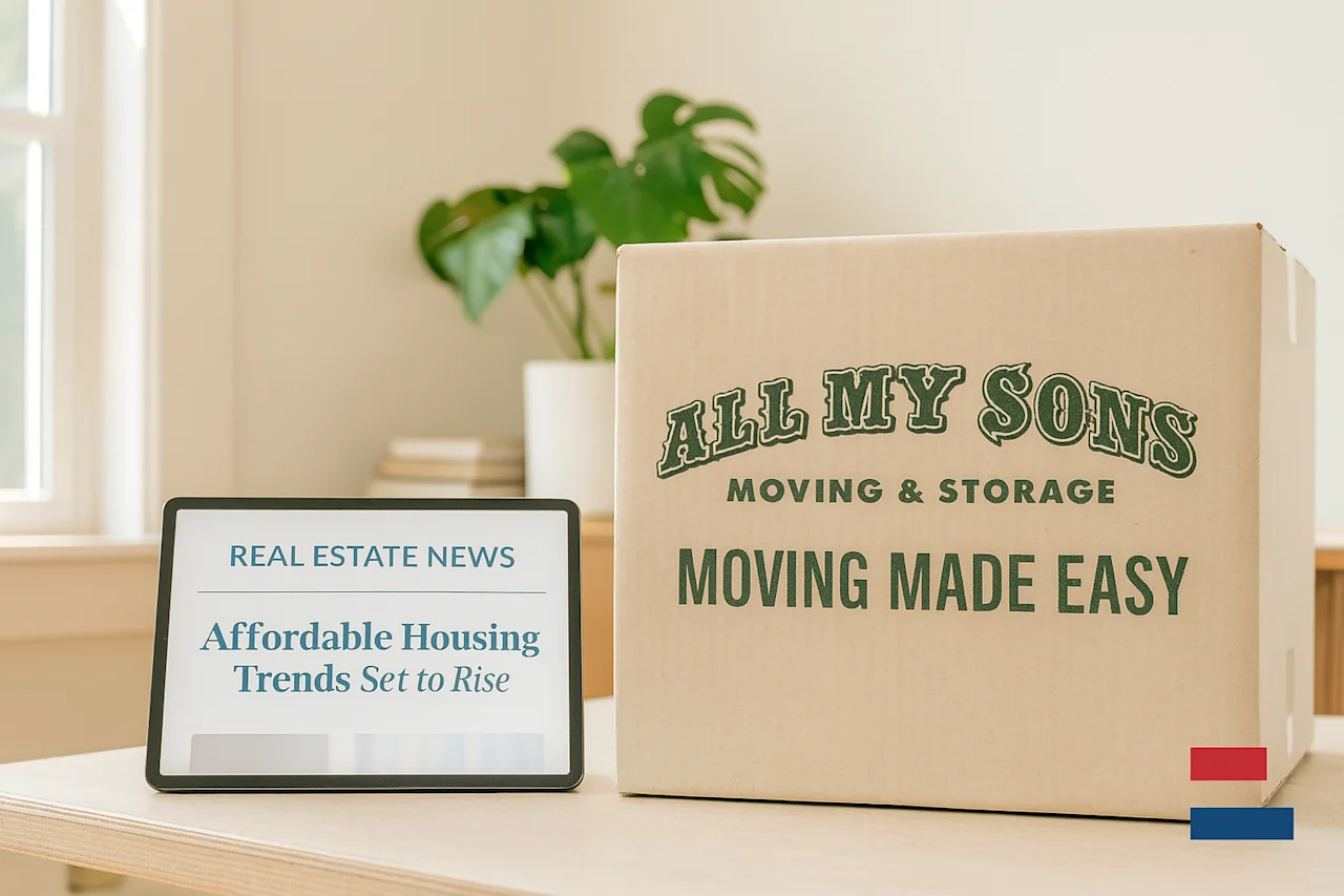 All My Sons Moving & Storage box by a tablet with 'Affordable Housing Trends' news. Experience professional, stress-free moving services.