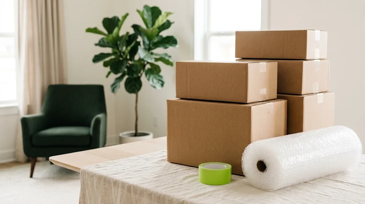 A high-quality lifestyle photograph of premium packing supplies to represent a stress-free move in Corpus Christi. The scene
