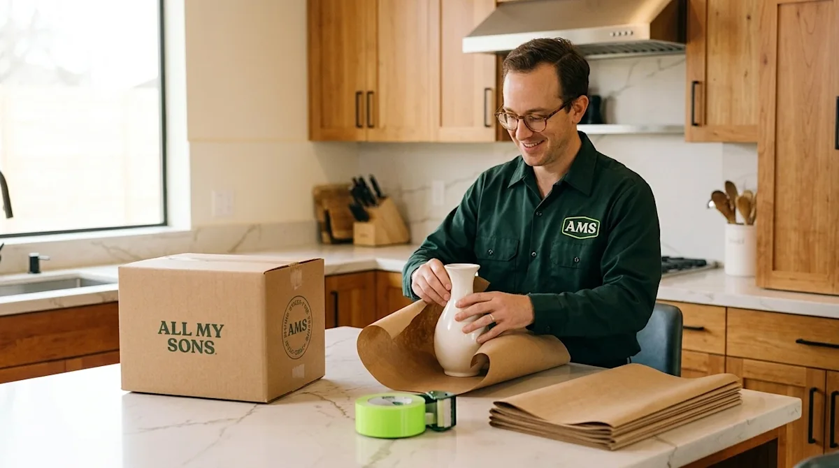 Professional marketing photography of a friendly, skilled professional packer in a dark forest green uniform shirt, expertly