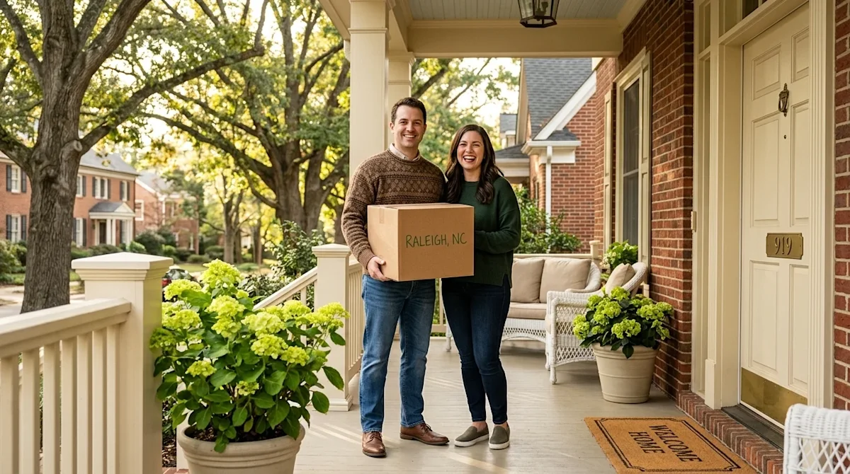 Clear, professional lifestyle marketing photography of a happy, smiling couple standing on the welcoming front porch of a cla