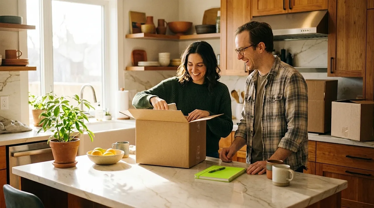 A candid, 35mm film-style lifestyle photograph of a couple in their new, modern sunlit home, symbolizing a fresh start for th