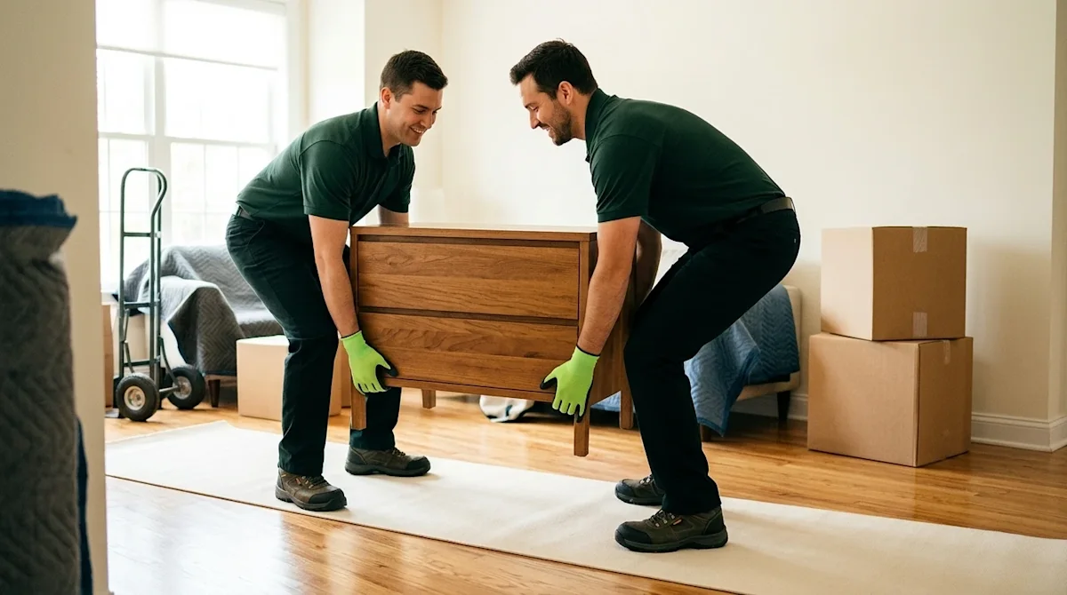 Professional marketing photography of two moving professionals demonstrating proper moving safety techniques by carefully tea