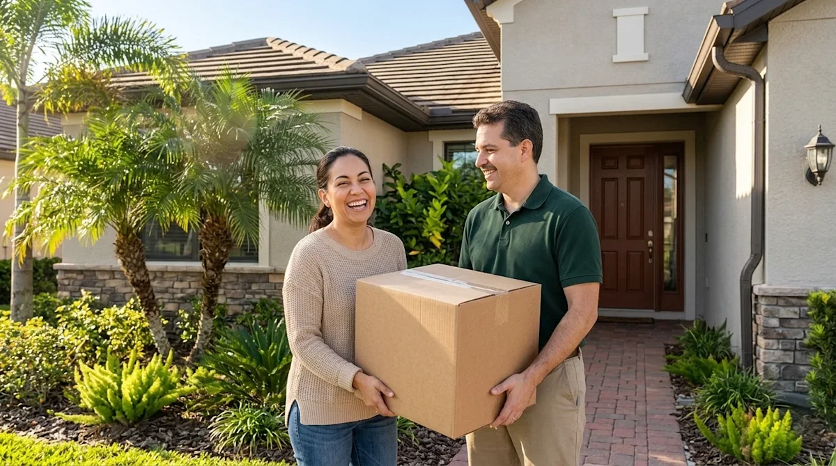 A realistic, candid lifestyle photograph of a cheerful couple moving into their new home in sunny Orlando, Florida. The scene