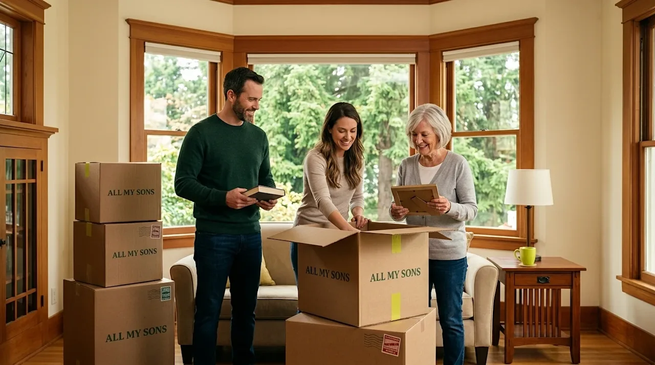 Professional marketing photography of a smiling family unpacking a few neat cardboard moving boxes in the living room of a cl