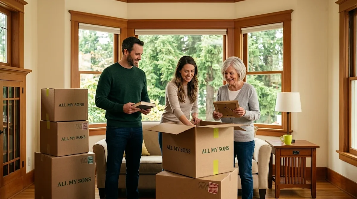 Professional marketing photography of a smiling family unpacking a few neat cardboard moving boxes in the living room of a cl