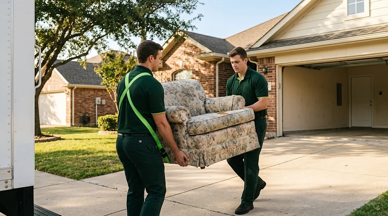 Professional marketing photography of a reliable junk removal service in a sunny Fort Worth suburban neighborhood. Two profes