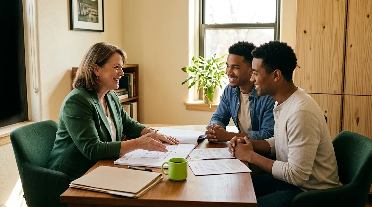 Clear, professional marketing photography of a friendly housing counselor meeting with a young couple in a warm, welcoming, m