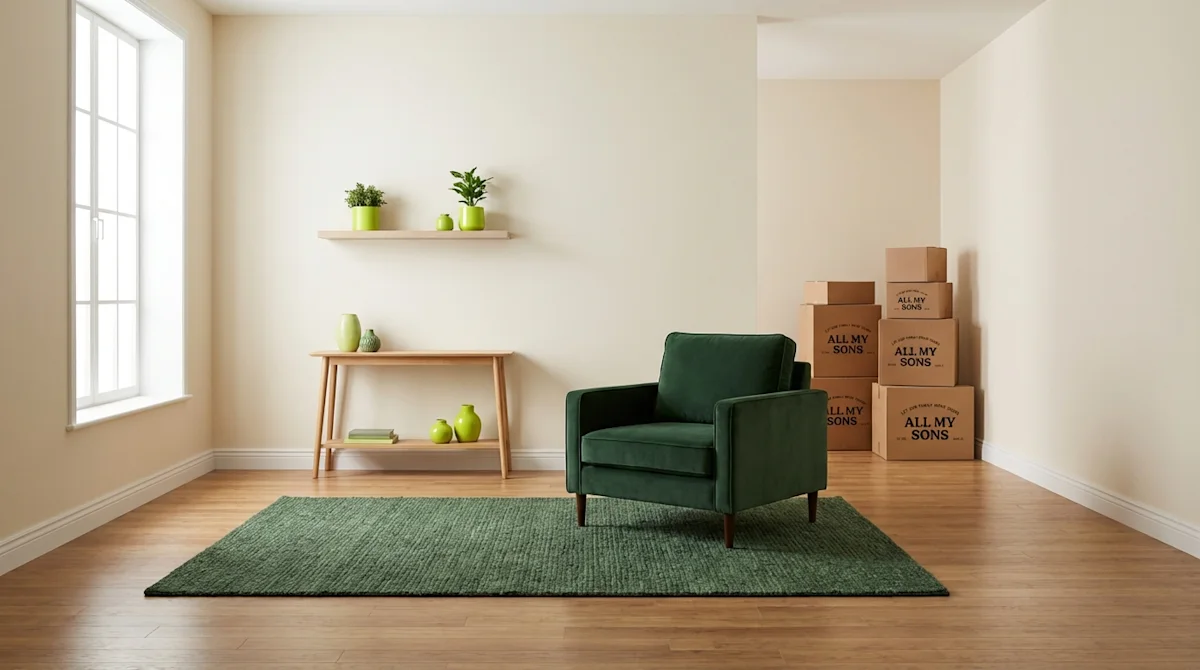 Minimalist living room with green armchair and All My Sons moving boxes, showcasing professional home staging.