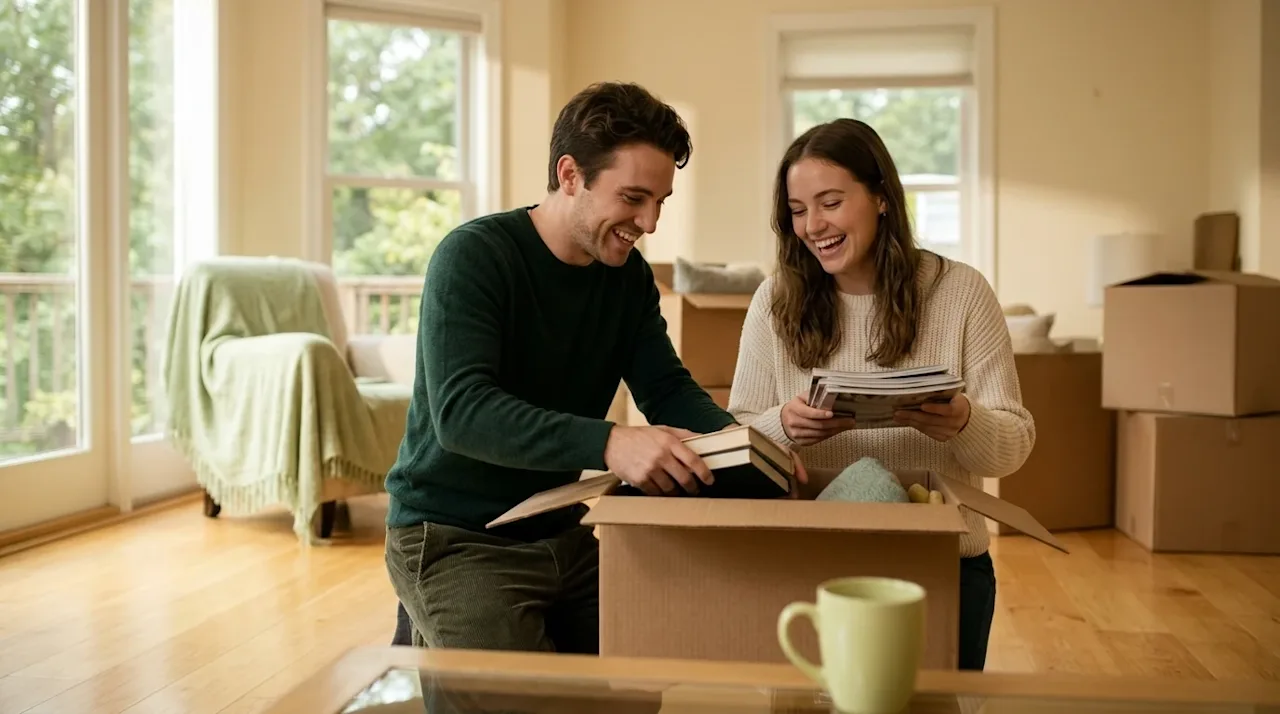A high-quality lifestyle photograph of a happy young couple in a sunlit, warm-toned living room, packing a simple cardboard m