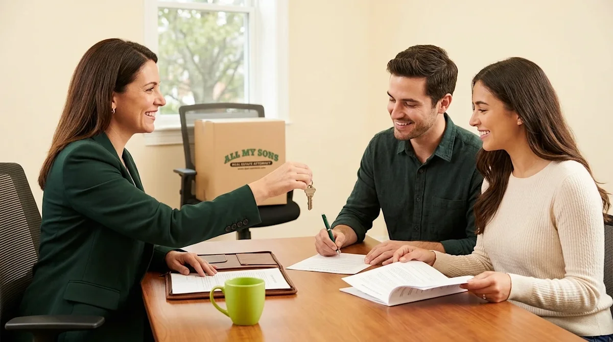 Clear, professional marketing lifestyle photography of a real estate attorney and a happy couple sitting across from each oth