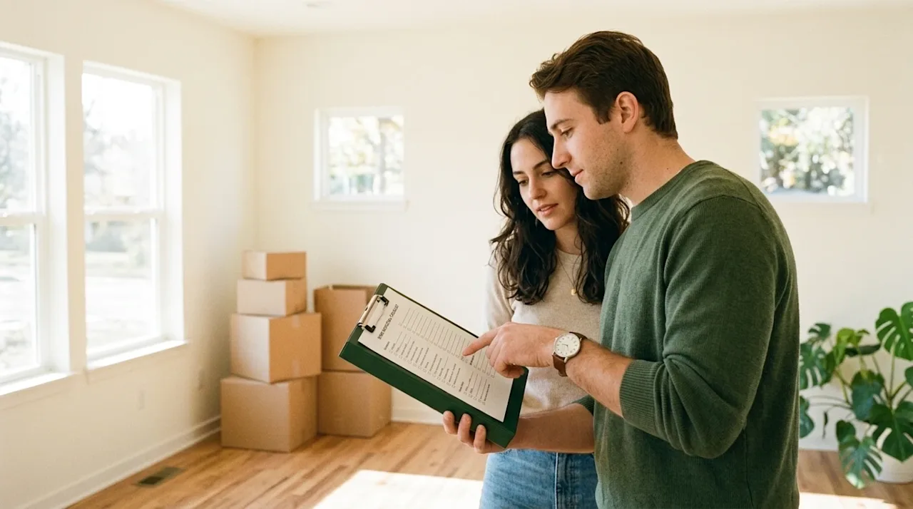 A candid, warm 35mm film photograph of a young couple touring an empty, sunlit house, looking thoughtfully at a home inspecti