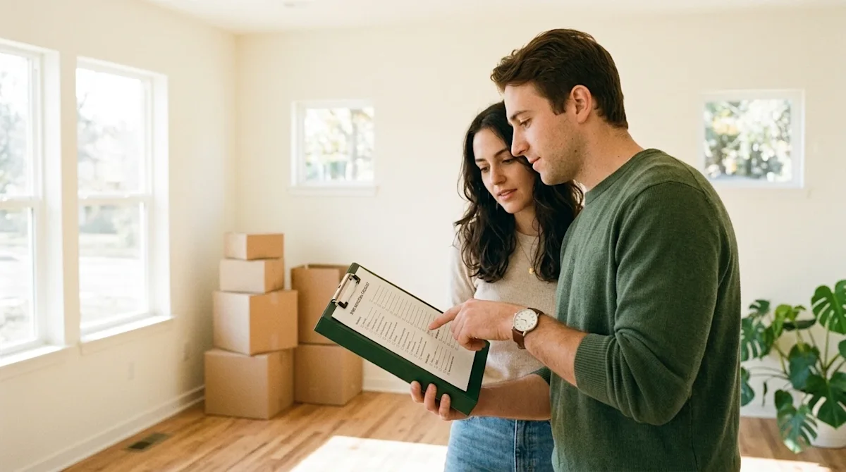 A candid, warm 35mm film photograph of a young couple touring an empty, sunlit house, looking thoughtfully at a home inspecti