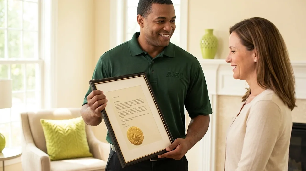 Professional marketing photography of a friendly, professional mover wearing a dark forest green polo shirt, respectfully pre