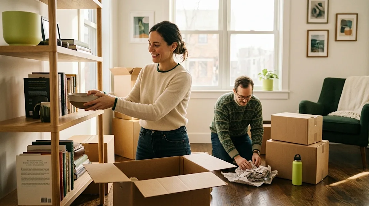 A candid, high-quality lifestyle photograph of a happy couple efficiently unpacking cardboard moving boxes in a bright, warml