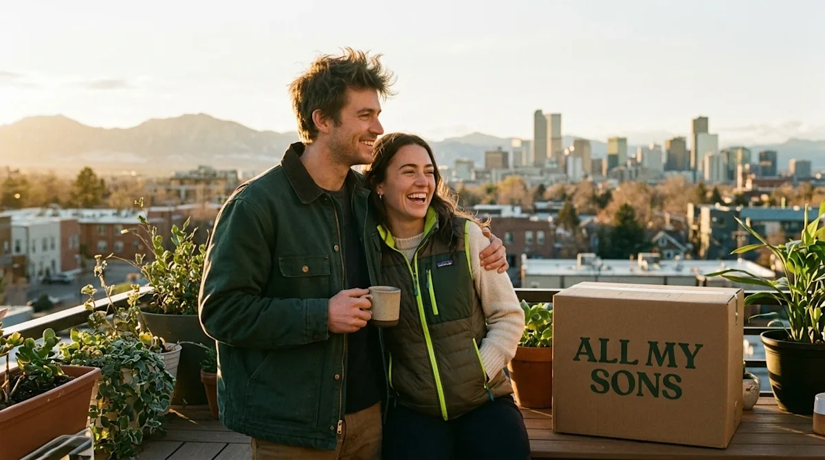 Candid lifestyle photography of a happy couple taking a break from moving, standing on a sunlit outdoor balcony overlooking t