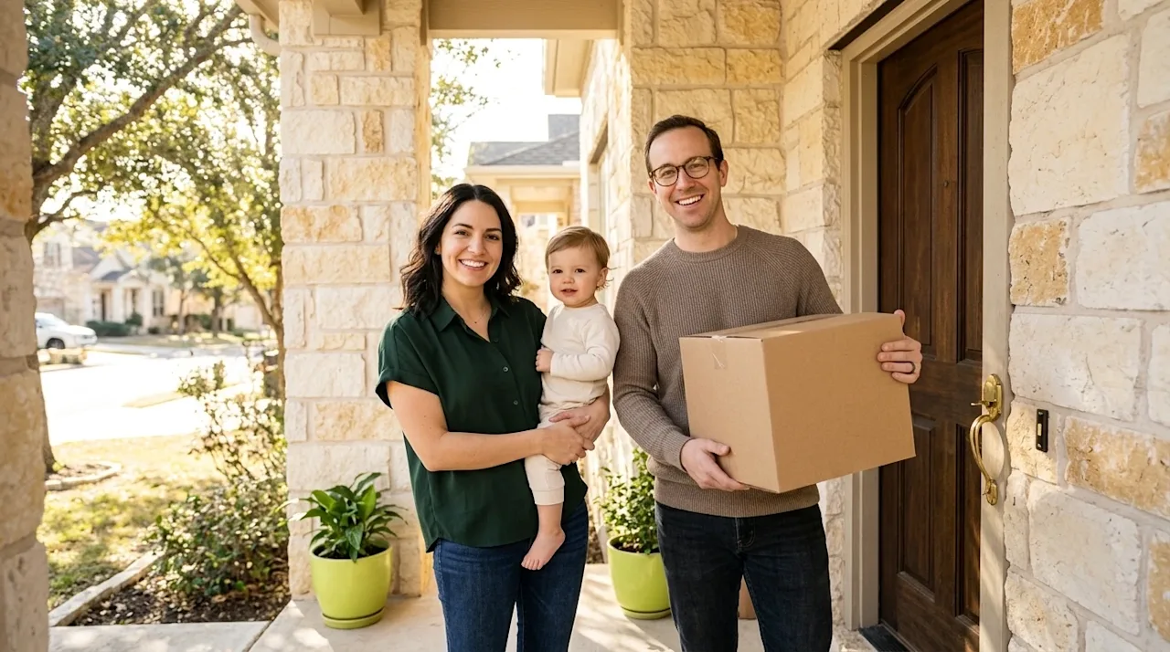 Professional marketing photography of a happy, relaxed family standing on the sunlit porch of a beautiful San Antonio home, f