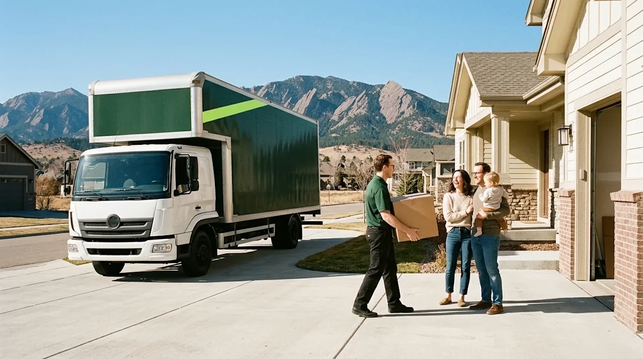 A candid, high-quality lifestyle photograph of a happy family arriving at their new home in Denver, Colorado. In the backgrou