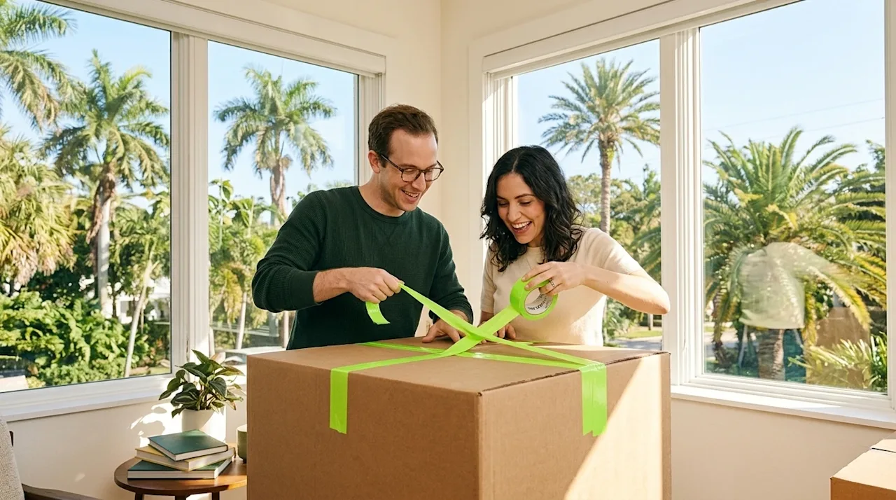 Professional marketing photography of a happy couple standing in a bright, sunlit living room with large windows overlooking