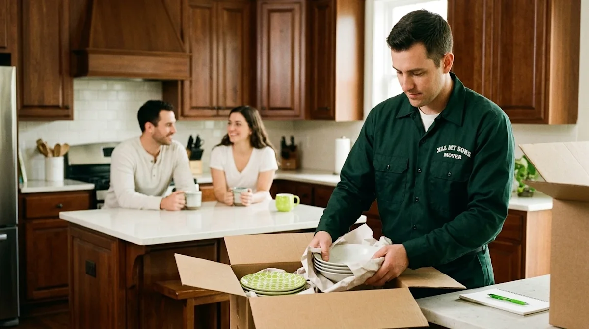 A candid lifestyle photograph capturing a stress-free moving day, perfect for a blog hero image. In the foreground, a profess