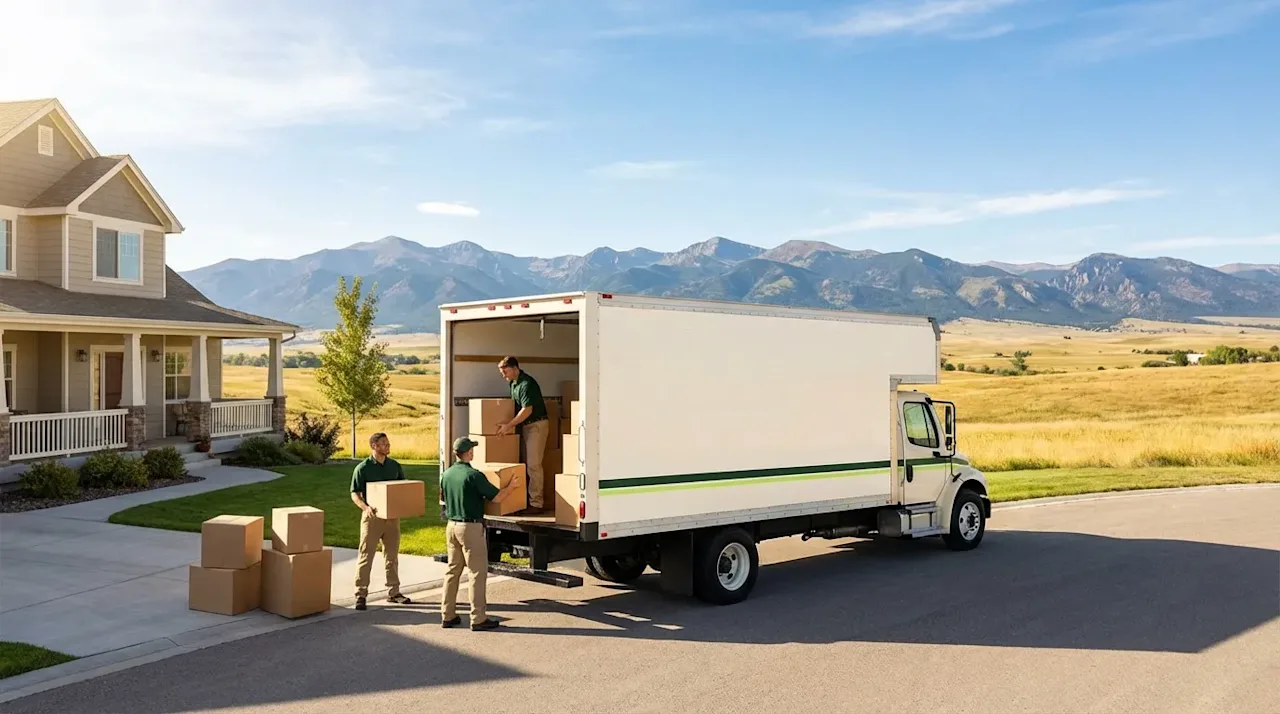 Three movers load boxes into a truck outside a suburban home with mountains and open fields in the background on a sunny day.