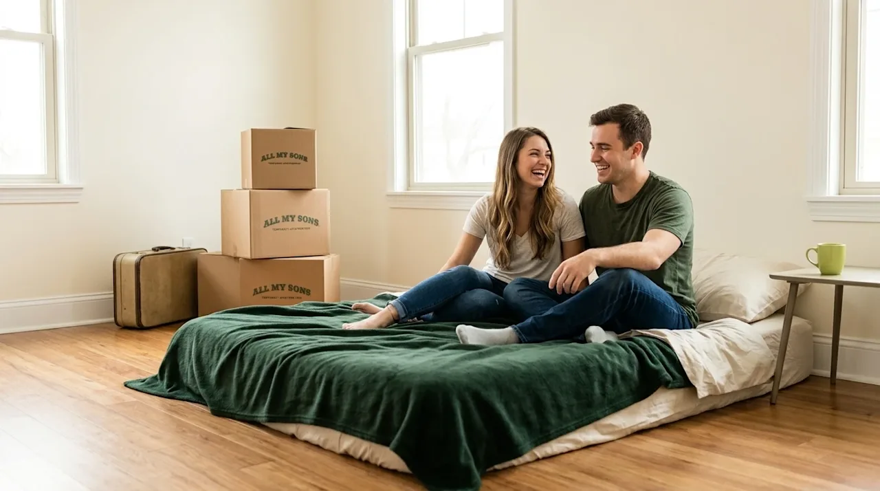 Clear, professional lifestyle marketing photography of a cheerful couple in a bright, sparsely furnished temporary apartment.