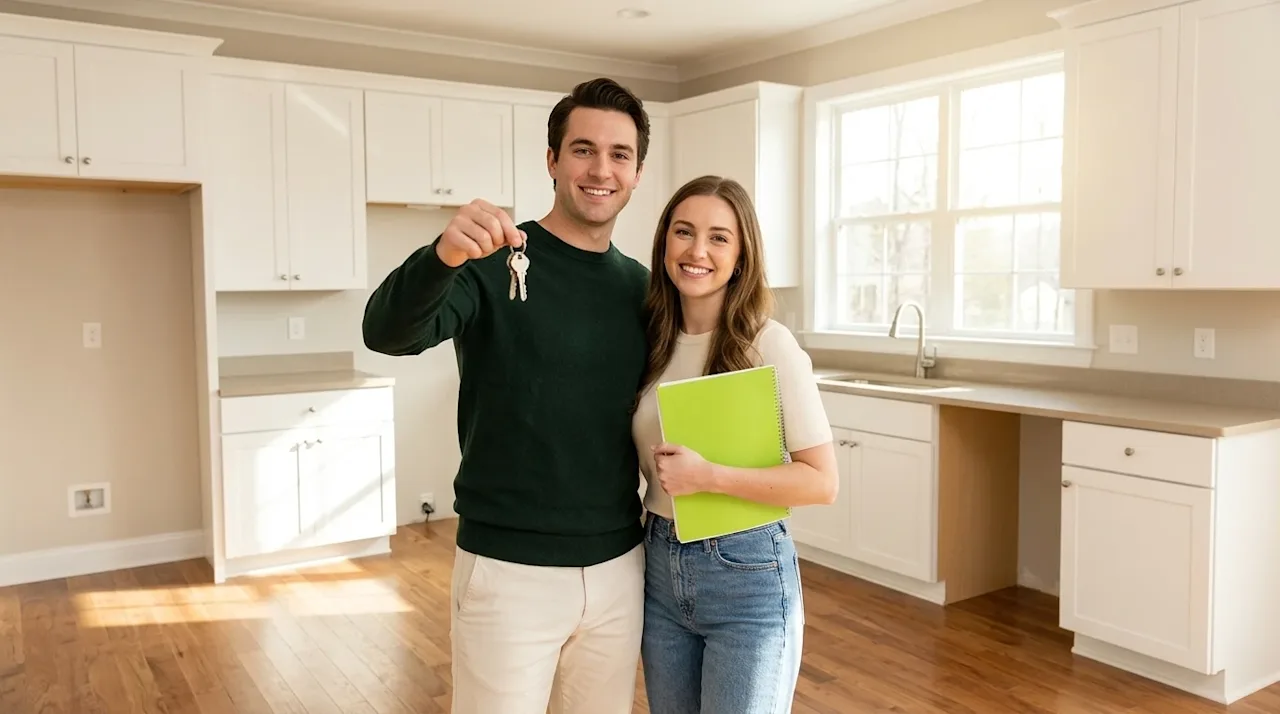Clear and professional marketing photography of a happy young couple standing in the bright, sunlit kitchen of their newly pu