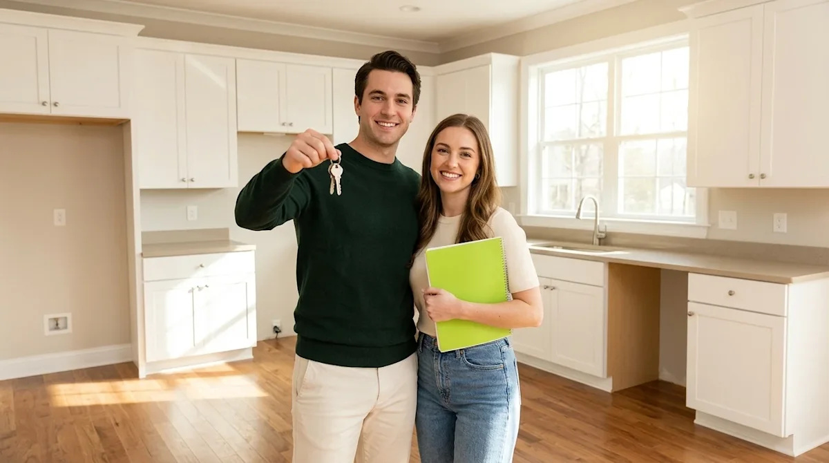 Clear and professional marketing photography of a happy young couple standing in the bright, sunlit kitchen of their newly pu