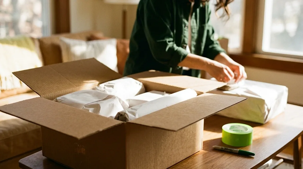 A warm, high-quality lifestyle photograph showing expert packing tips for a move. A clean, sturdy brown cardboard moving box