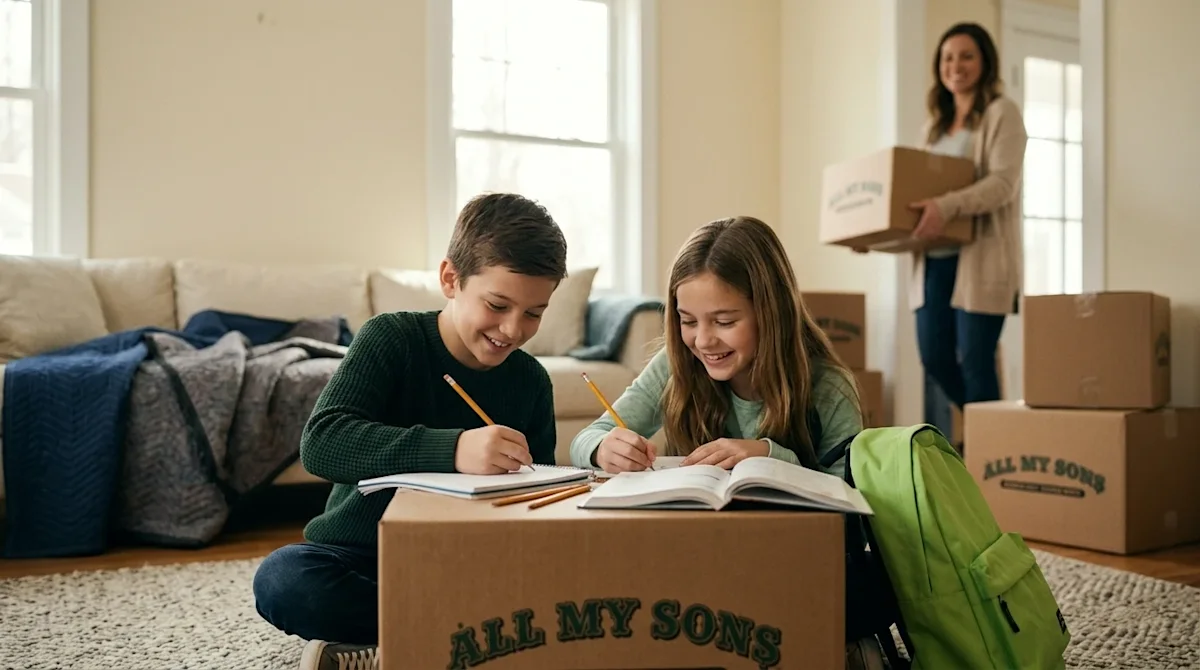 Professional lifestyle marketing photography of a heartwarming family scene during a move. Two school-aged kids, a young boy