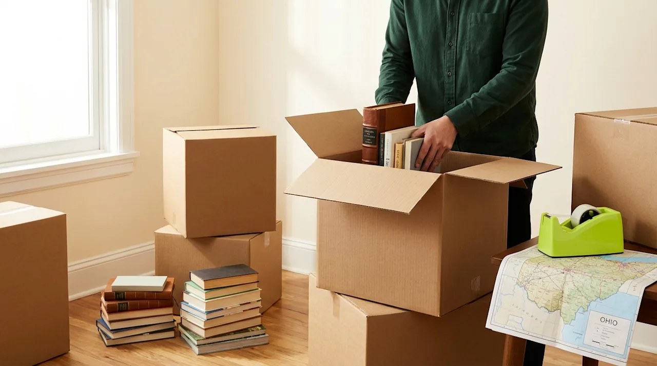 Person in green shirt packing books into cardboard moving boxes with a lime green tape dispenser and Ohio map nearby.