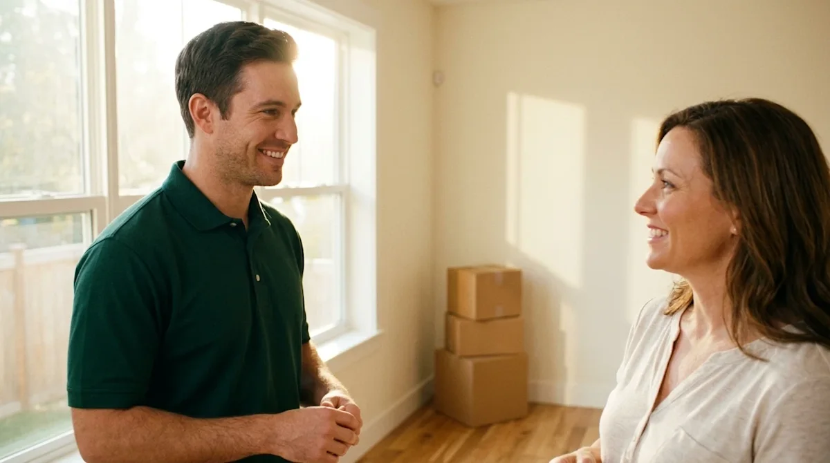 High-quality candid lifestyle photograph of a professional, friendly moving company worker in a clean dark forest green unifo