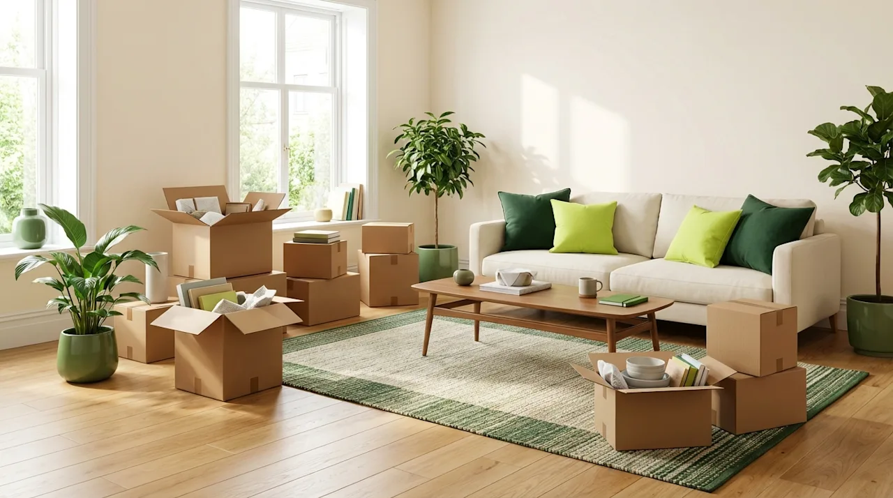 Organized moving boxes in a sunny modern living room with green accents and plants during unpacking