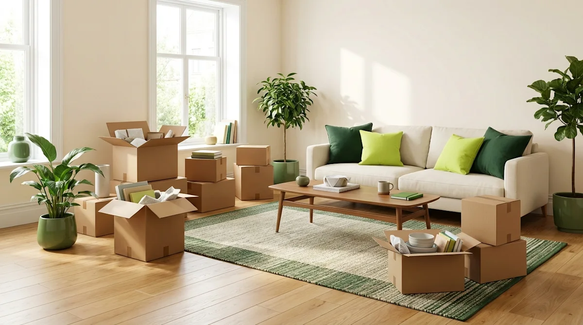 Organized moving boxes in a sunny modern living room with green accents and plants during unpacking