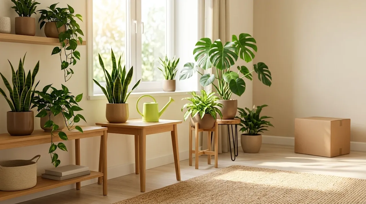 Professional marketing photography of a bright, sunlit living room freshly decorated with a variety of lush, vibrant house pl