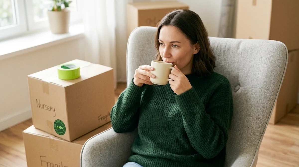 Professional marketing photography of a calm, happy woman taking a relaxing break during a move. She is sitting comfortably o