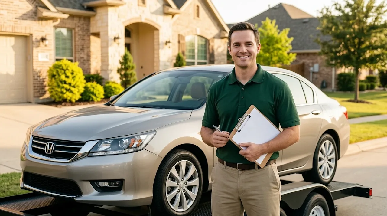 Professional marketing photography of a secure auto transport scene. A friendly moving professional wearing a clean, dark for