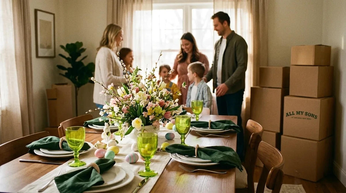 Candid lifestyle photography of a welcoming dining room beautifully set for Easter brunch. The table is adorned with a festiv